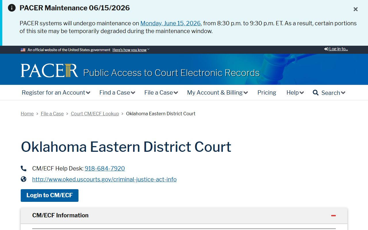 McCurtain County federal charge records lookup, PACER Eastern District of Oklahoma court