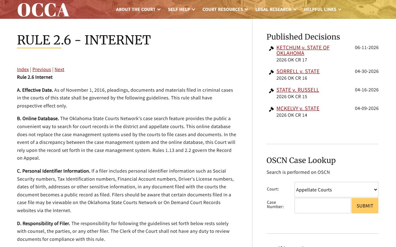 OCCA Rule 2.6 caveat on McCurtain County court records online
