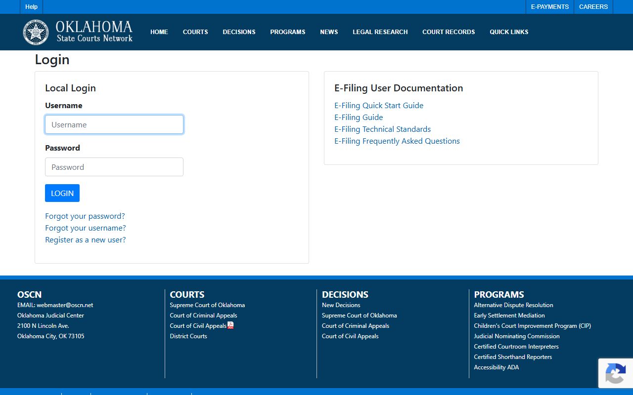 Oklahoma e-filing login for McCurtain County court records