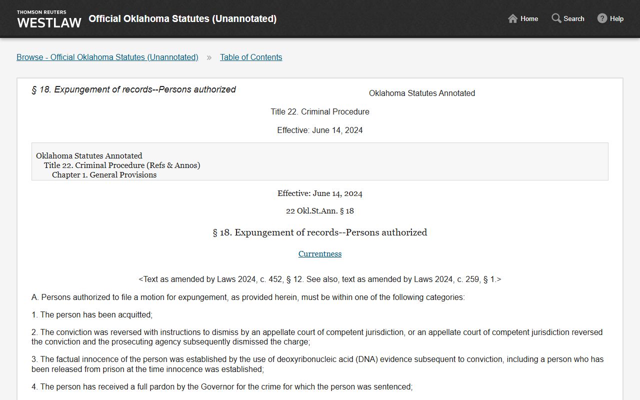 Oklahoma expungement statute page for McCurtain County criminal court records