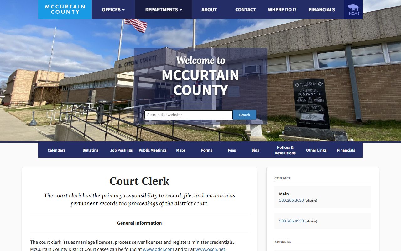 McCurtain County court records categories on the Court Clerk information page