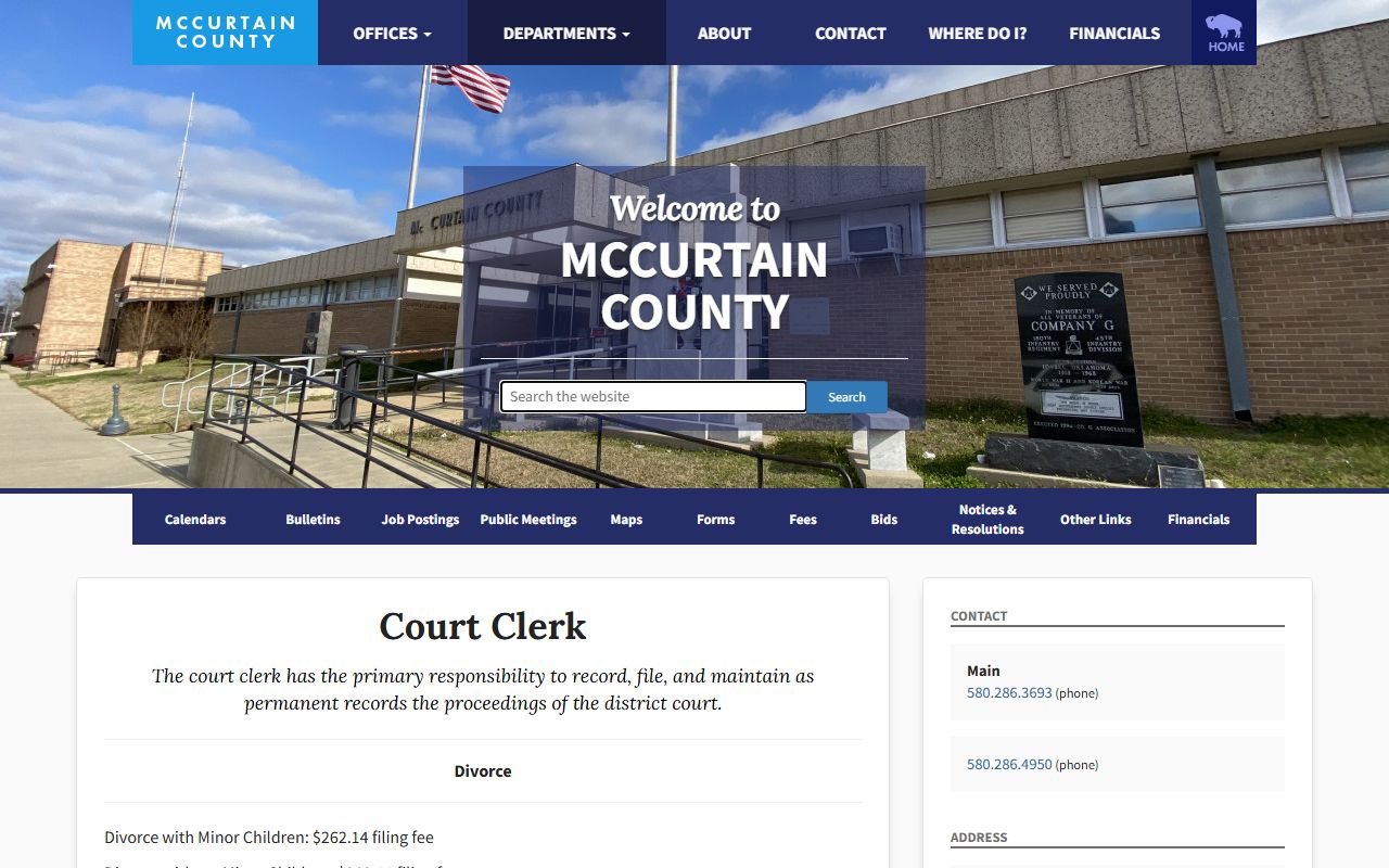 McCurtain County divorce filing fee details from the Court Clerk