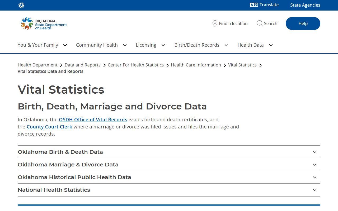 Oklahoma Vital Statistics guidance on county marriage and divorce records